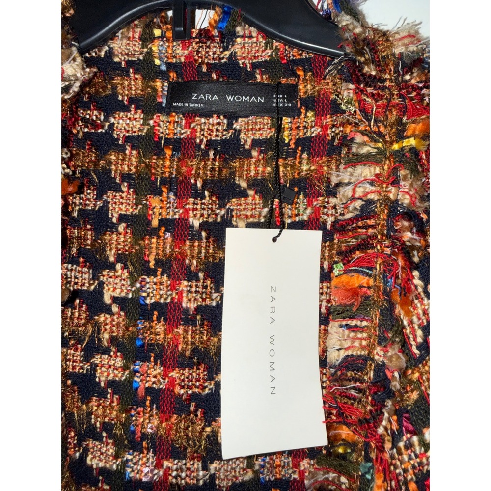 Zara Tweed Jacket Women Large Multicolor NWT Fringe Open Front Boho Chic Blazer - Picture 5 of 9